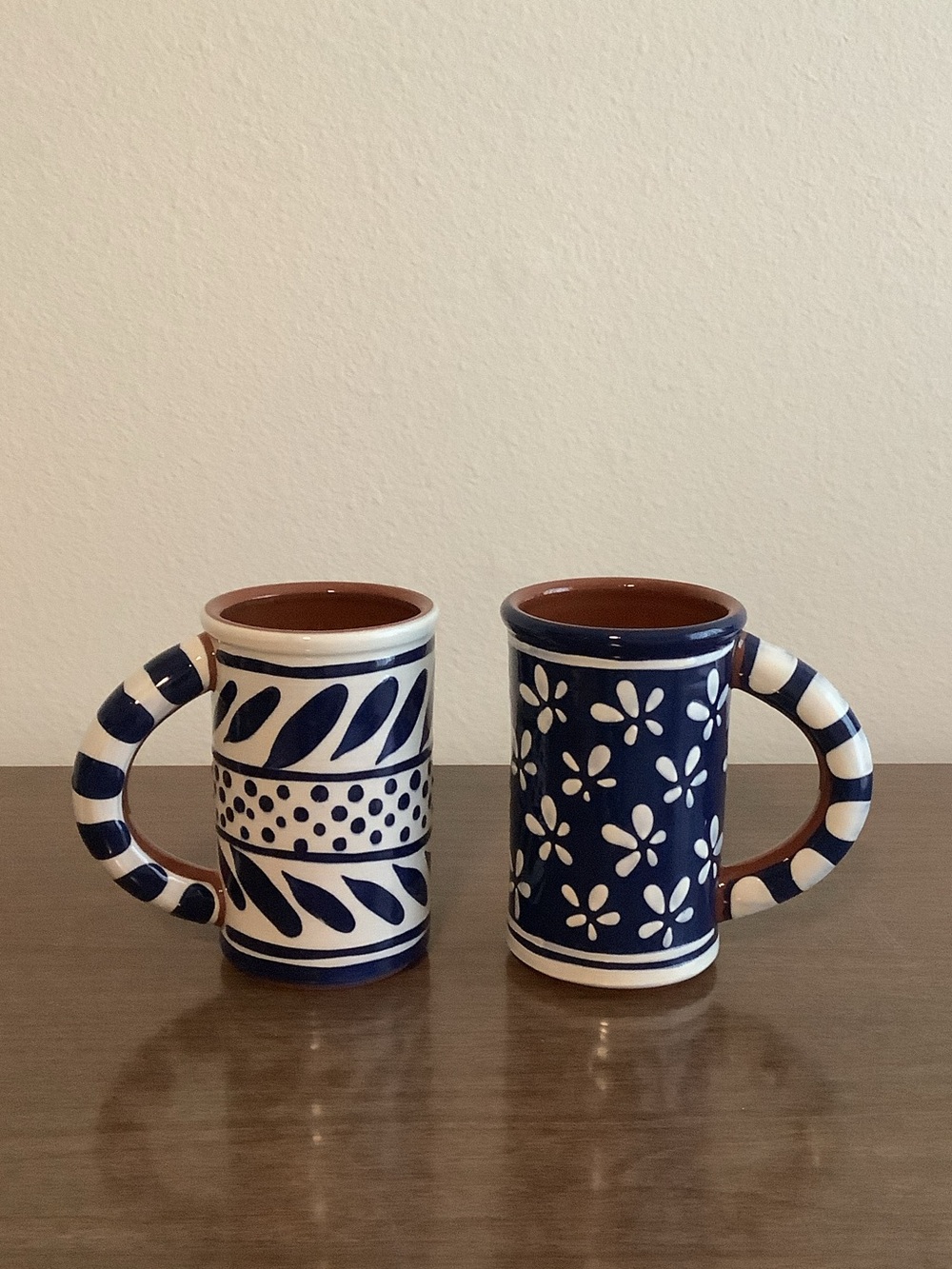 Hand-Painted Blue & White Ceramic Mugs - Set of 2